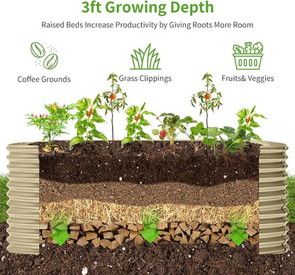 Land Guard 6x3x3ft Oval Galvanized Raised Garden Beds, Large-Capacity Metal Planter Box Outdoor, Durable Deep Raised Garden Bed 3ft Tall, Raised Beds for Gardening Vegetables, Cream Yellow