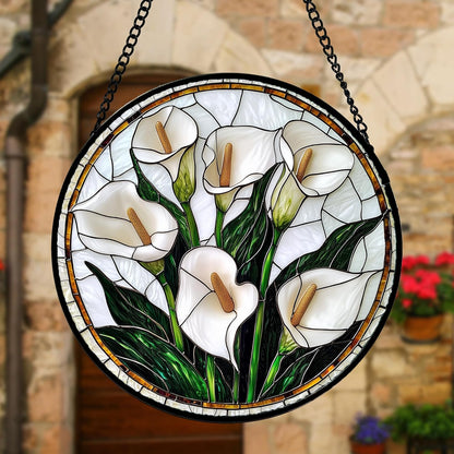 Stained Glass Window Hanging, White Calla Lily Flowers Sun Catchers Glass Panel Plant Suncatcher Decor for Birthday for Women, Men, Wife, Aunt, and Mom 11.8x11.8 in