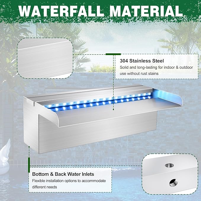 LONGRUN Waterfall Pool Fountain, Updated 5.9'' Wider Open Lip Stainless Steel Waterfall Spillway, Decorative Water Feature for Swimming Pools, Koi Ponds, Spa & Garden - 11.8''