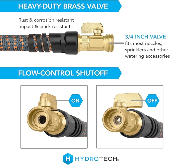 HydroTech 75 ft Expandable Garden Hose - Burst Proof & Lightweight, Flexible Water Hose with Durable Reinfordced Latex Core & Solid Brass Fittings for Lawn, Garden, Car Washing