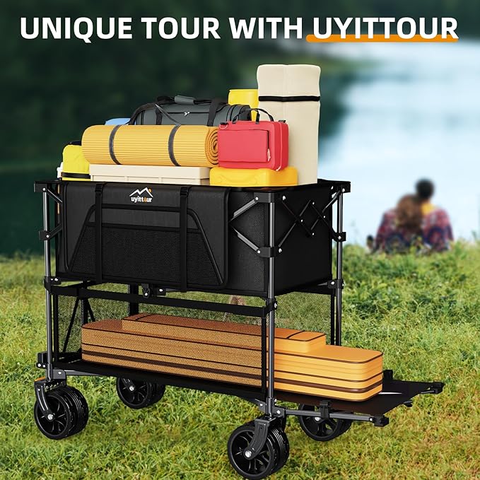 Foldable 50''L Extra Long Double Decker Wagon for Sport, 400L Collapsible Heavy Duty Wagon Cart with Big Wheels, Utility All-Terrain Large Extender Cart for Outdoors