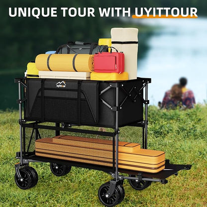 Foldable 50''L Extra Long Double Decker Wagon for Sport, 400L Collapsible Heavy Duty Wagon Cart with Big Wheels, Utility All-Terrain Large Extender Cart for Outdoors