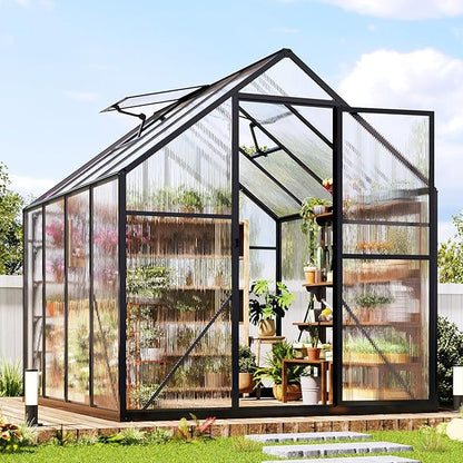 Jocisland 6x8x6.3 FT Polycarbonate Greenhouse for Outdoors with 2 Windows, Dual Swing Doors, Aluminum Walk-in Frame, Heavy Duty Garden Greenhouse for Backyard, Black