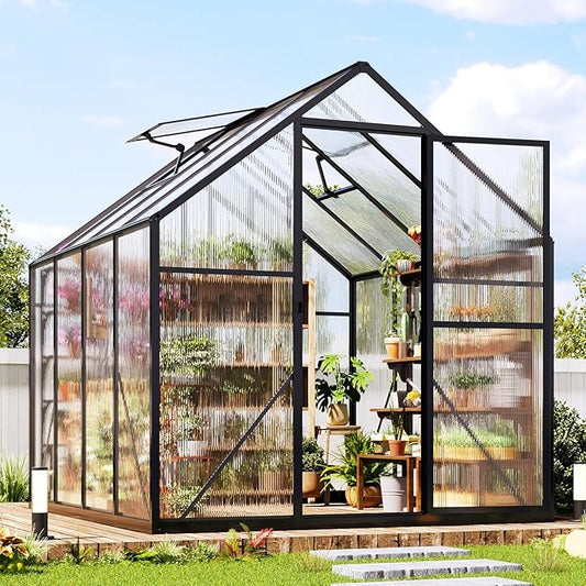Jocisland 6x8x6.3 FT Polycarbonate Greenhouse for Outdoors with 2 Windows, Dual Swing Doors, Aluminum Walk-in Frame, Heavy Duty Garden Greenhouse for Backyard, Black