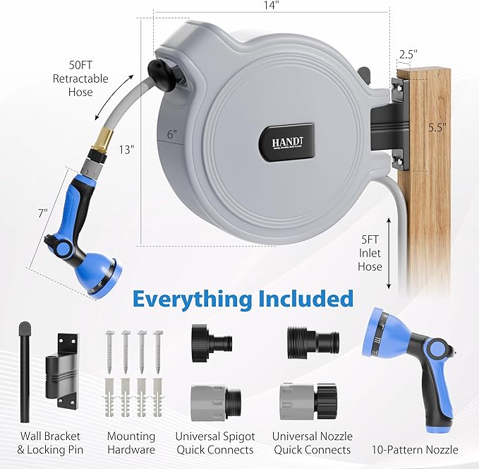 USA Based Retractable Garden Hose Reel, 1/2 in x 50 ft Quick Connect 10-Pattern Sprayer, Wall Mounted Auto Self Retracting Water Hose Reels, UV Resistant Automatic Rewind 180° Mount | Gray