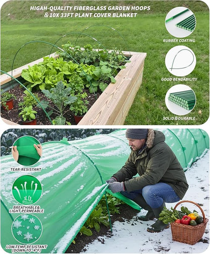 NEW Plant Covers Freeze Protection Kit,10x33FT 1.3 oz/yd² Frost Blanket,36 Hoop,12 Peg,Reusable Garden Bed Covers for Winter,Greenhouse Tunnel,Snow & Pest Protection for Outdoor Plant & Raised Bed