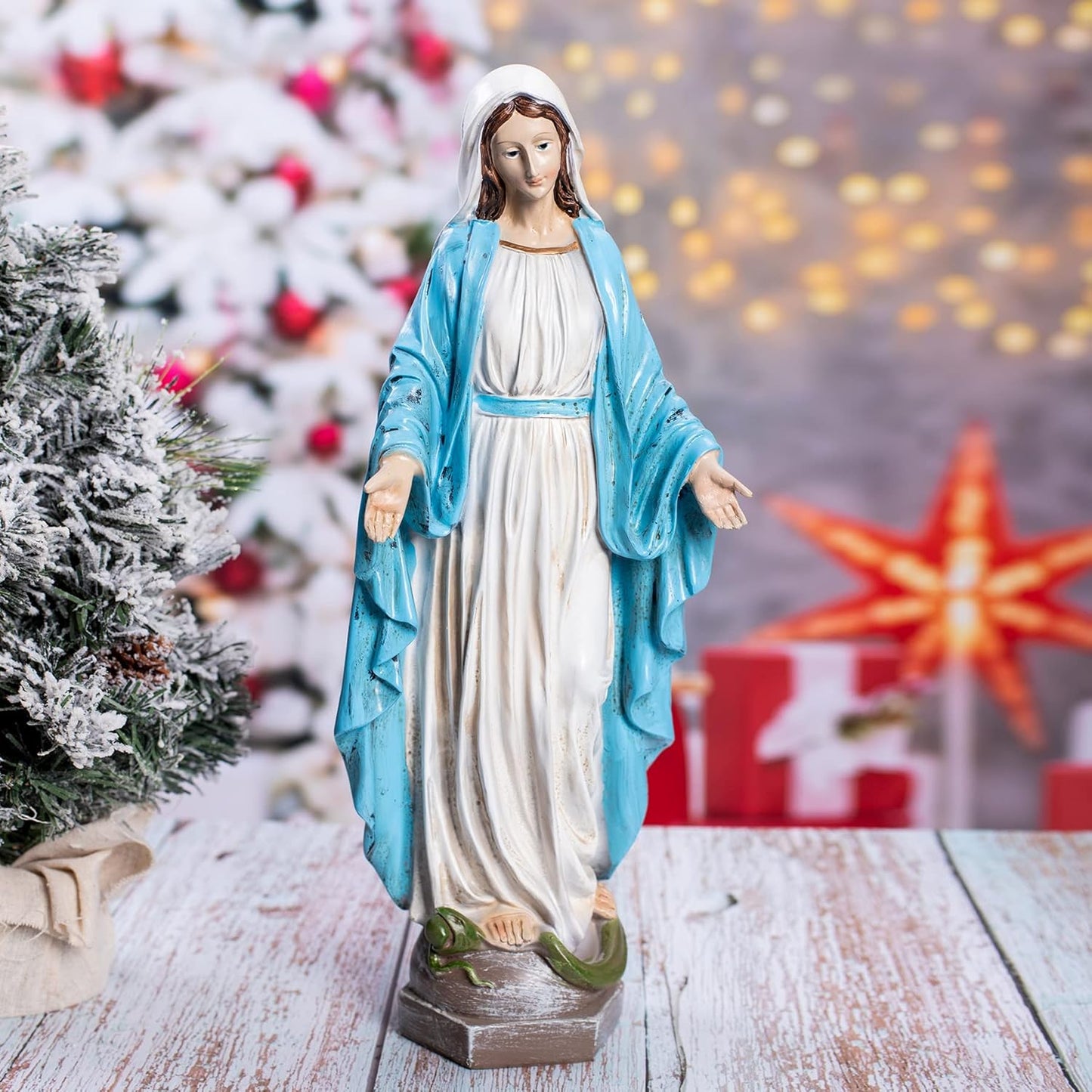 Our Lady of Grace Blessed Virgin Mother Mary Statue Catholic Religious 15.8 Inch Colored Resin Statue Figurine for Garden, Outdoor, Patio, Cemetery Grave Stone (Monther Mary)