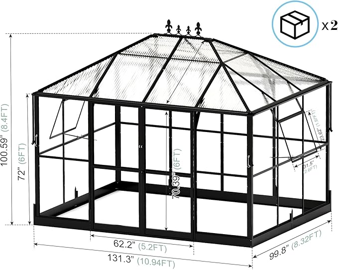 Jocisland 11x8.3x8.6 FT Polycarbonate Greenhouse with Clear Panels- 6 FT Wall Height Outdoor Aluminum Greenhouses with 2 Vents, Double Doors with Hook, Walk-in Greenhouse for Backyard Garden