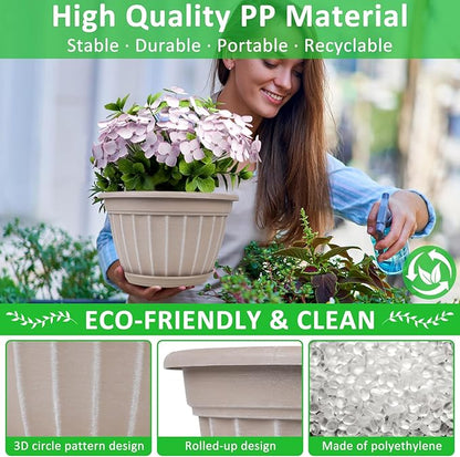 FGstyle 10 Inch Plants Pot,4 Pack Flower Pots,Planters Pot with Drainage Hole & Saucer,Modern Planters for Indoor Outdoor Plants,Decorative Resin Garden Pots for Outdoor Indoor Home Plants (Beige)