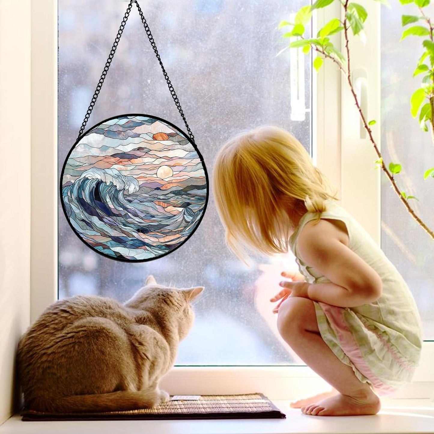 Stained Glass Window Hanging, Sunrise Waves Sun Catchers Diamond Glass Panel Hangings Abstract Suncatcher Decor for Birthday for Women, Men, Wife, Aunt, and Mom 9.8 in