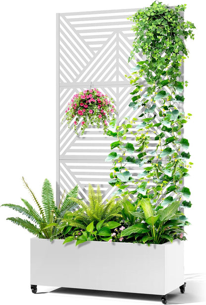 Metal Raised Garden Bed with Trellis, 2-in-1 Planter Box & Privacy Screen for Climbing Plants, Outdoor Standing Flower Bed with Drainage Holes, 35.4" L x 15.7" W x 70.1" H, White-Zodiac