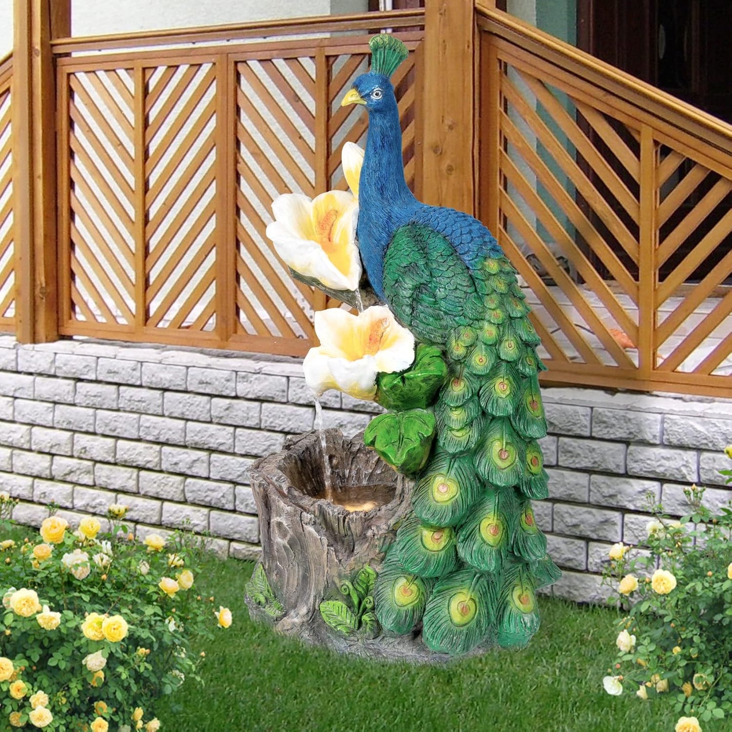 Ferrisland Resin Peacock Waterfall Fountain 3 Tiered Outdoor Floor Stacked Water Fountain Sculpture for Lawn Decorative Garden Party Landscape Patio Court Backyard Deck Art Decor 22.8" Blue