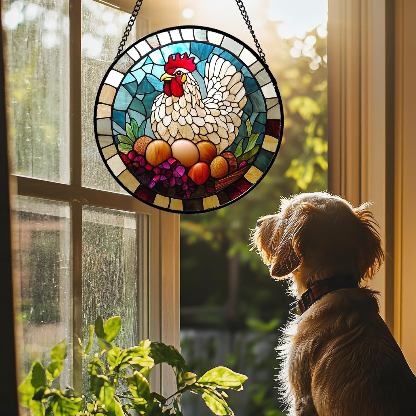 Stained Glass Window Hanging White Chicken Hatching Eggs 9.8" - Suncatcher Door Garden Sunroom Sun Catcher Home Decor Birthday Christmas for Mom Men Woman Nana