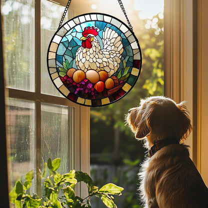Stained Glass Window Hanging White Chicken Hatching Eggs 9.8" - Suncatcher Door Garden Sunroom Sun Catcher Home Decor Birthday Christmas for Mom Men Woman Nana