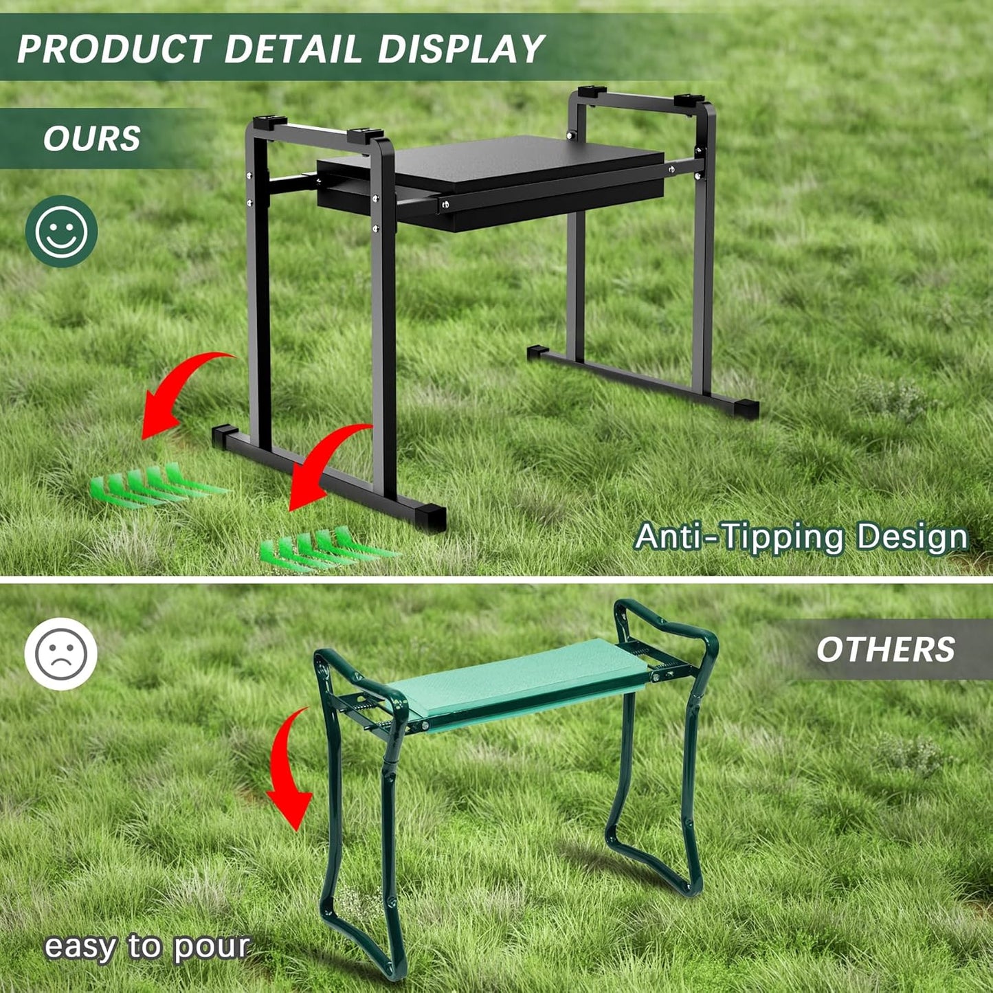 Garden Kneelers Seat, Stable and Save Anti-Tipping Design 10.2" Wider Garden Kneeler and Seat with Handle, Heavy Duty Gardening Stool for Seniors, Gardening Weeding Bench for Gardeners Parents - Black