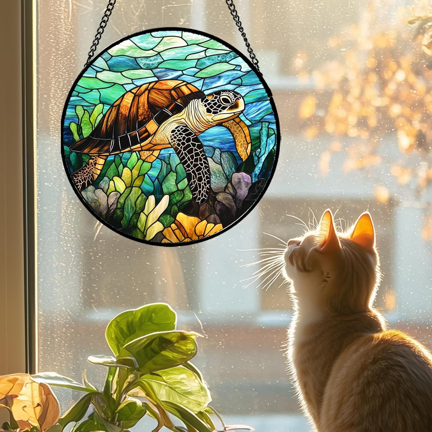 Stained Glass Window Hanging - Cute Sea Turtle Suncatcher for Door Garden Yard Blue Ocean Sun Catchers Decor Christmas Mother's Day Birthday Children's Gifts for Women Mom Nana Friend 6.3 in