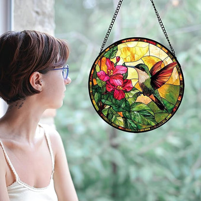 Stained Glass Suncatcher, Hummingbird Red Flowers Green Leaves Sun Catcher Stain Glass Window Hanging Decoration Mother's Day Birthday Gifts for Bird Lover Women Men Mom Nana 11.8 in