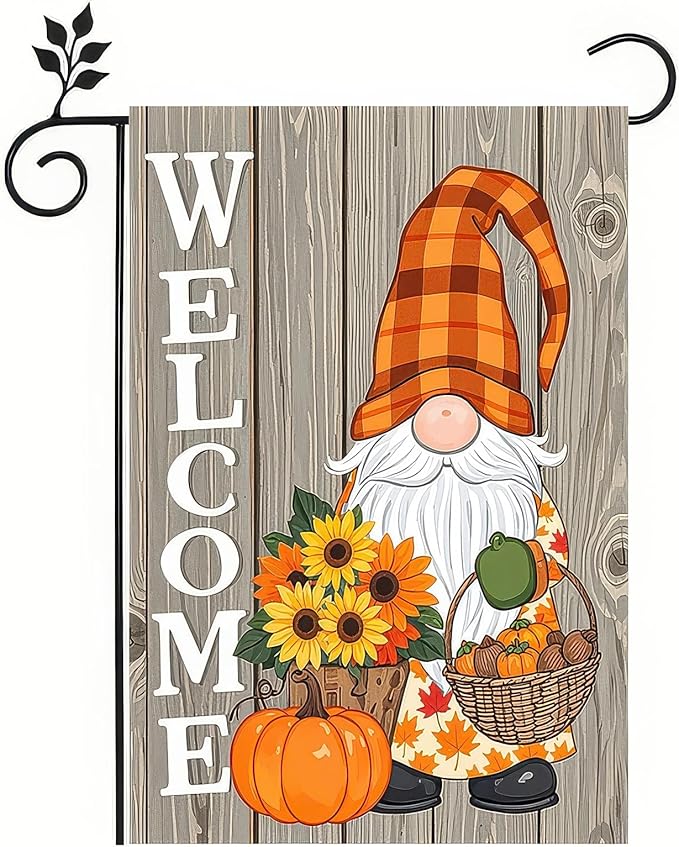 Thanksgiving Fall Garden Flag 12x18 Inch Welcome Gnome Flag Double Sided Autumn Yard Banner Sunflowers Pumpkins Acorn Basket for Porch Lawn Patio Seasonal Decor