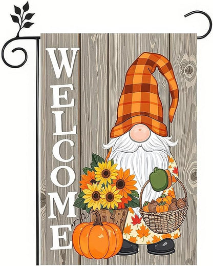 Thanksgiving Fall Garden Flag 12x18 Inch Welcome Gnome Flag Double Sided Autumn Yard Banner Sunflowers Pumpkins Acorn Basket for Porch Lawn Patio Seasonal Decor