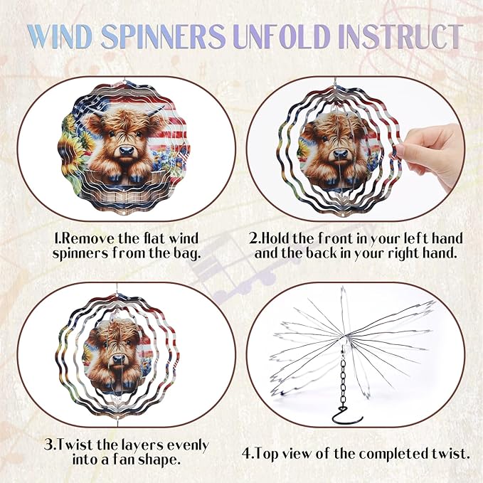 Highland Cow Wind Chimes - Cows Gifts for Women Mom Metal Windchime with Spinners Garden Decor Indoor Outdoor Art Hanging Decoration for Patio Yard Balcony Home Christmas Birthday Gift