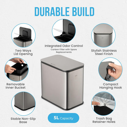 RedFactor Stainless Steel Hanging Trash Can with Lid and Inner Bucket – Slim 1.3 Gallon Odor-Free Compost Bin for Kitchen Cabinet, Countertop, Under Sink, or Bathroom (Metallic Gray)