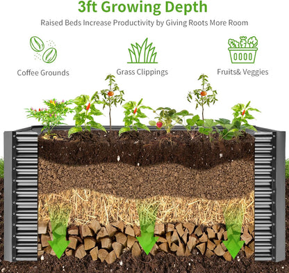 Land Guard 8x4x3ft Rectangular Galvanized Raised Garden Beds, Large-Capacity Metal Planter Box Outdoor, Durable Deep Raised Garden Bed 3ft Tall, Raised Beds for Gardening Vegetables, Modern Gray