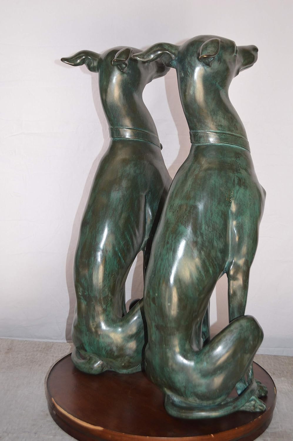 NIFAO Pair of Greyhound Dogs Sitting Bronze Statue – Life-Size Hand-Cast Sculpture with Green & Brown Patina – Museum-Quality Decorative Art for Home, Garden, 12" L x 12" W x 35" H
