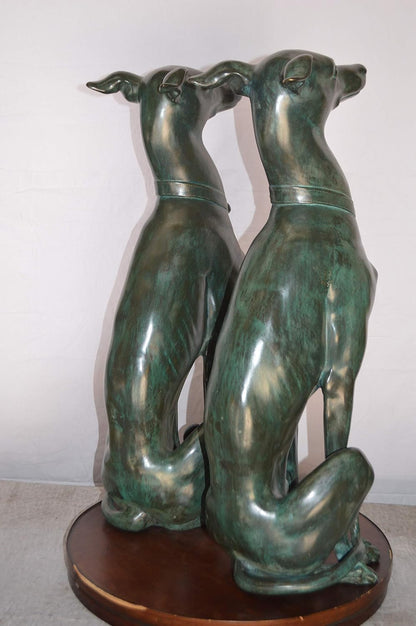 NIFAO Pair of Greyhound Dogs Sitting Bronze Statue – Life-Size Hand-Cast Sculpture with Green & Brown Patina – Museum-Quality Decorative Art for Home, Garden, 12" L x 12" W x 35" H