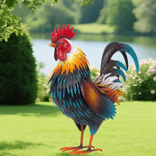 Rooster Garden Statue Sculpture Metal Chicken Yard Decor Outdoor Figurines Patio Backyard Decoration (Yellow)