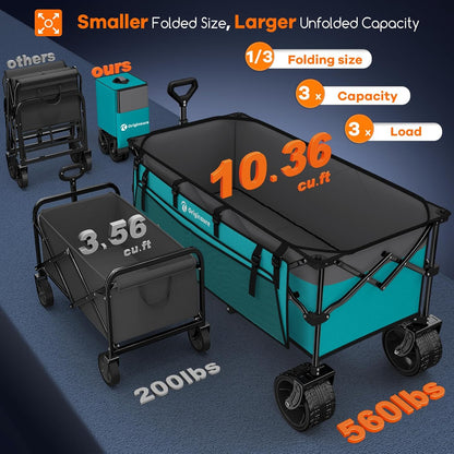 48" L Collapsible Wagon Cart Foldable, 560lbs Weight Capacity 300L Heavy Duty Folding Beach Wagons with Big All-Terrain Wheels, Utility Carts for Groceries, Shopping, Camping, Sports - Grey&Turquoise
