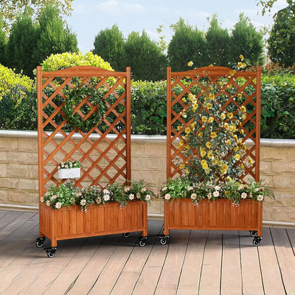 Upgraded 2-Pack 50" Tall Trellis Planter Box with Wheels, 49.8"H × 27.6"W × 13.0"D Solid Fir Wood Raised Garden Bed & Lattice Privacy Screen, Rolling Planter with Drainage for Patio/Garden