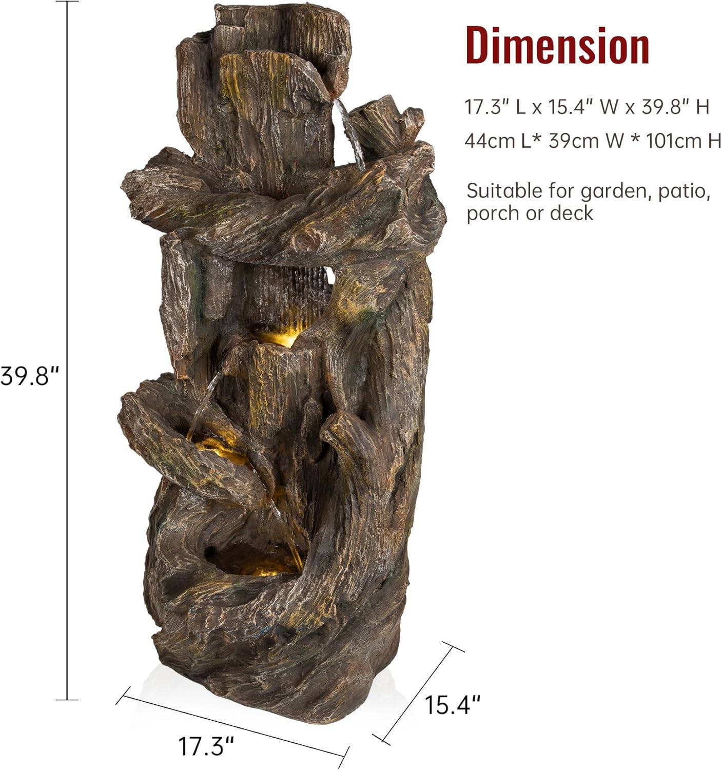 Ferrisland 5-Tiered Tree Trunk Large Water Fountain with LED Lights and Pump, 39.8" Tall Outdoor Freestanding Fountain, Realistic Wood Natural Looking Floor Resin Statue for Garden Patio & Backyard