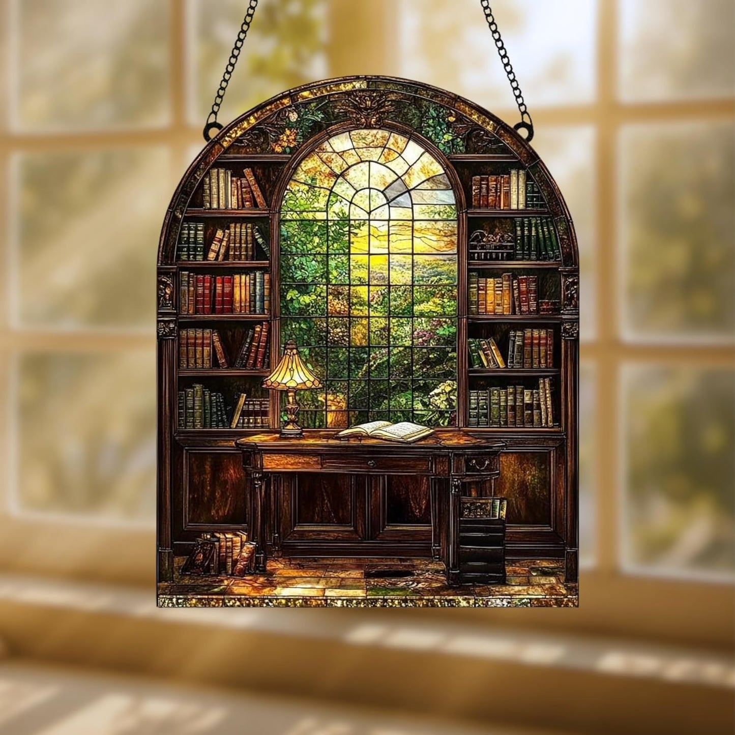Library Books Bookish Acrylic Suncatcher Stained Glass Effect Window Car Hanging Christmas Ornament Indoor Outdoor Decor Garden Bookworm Sun Catcher Book Lover for Women Mom Grandma