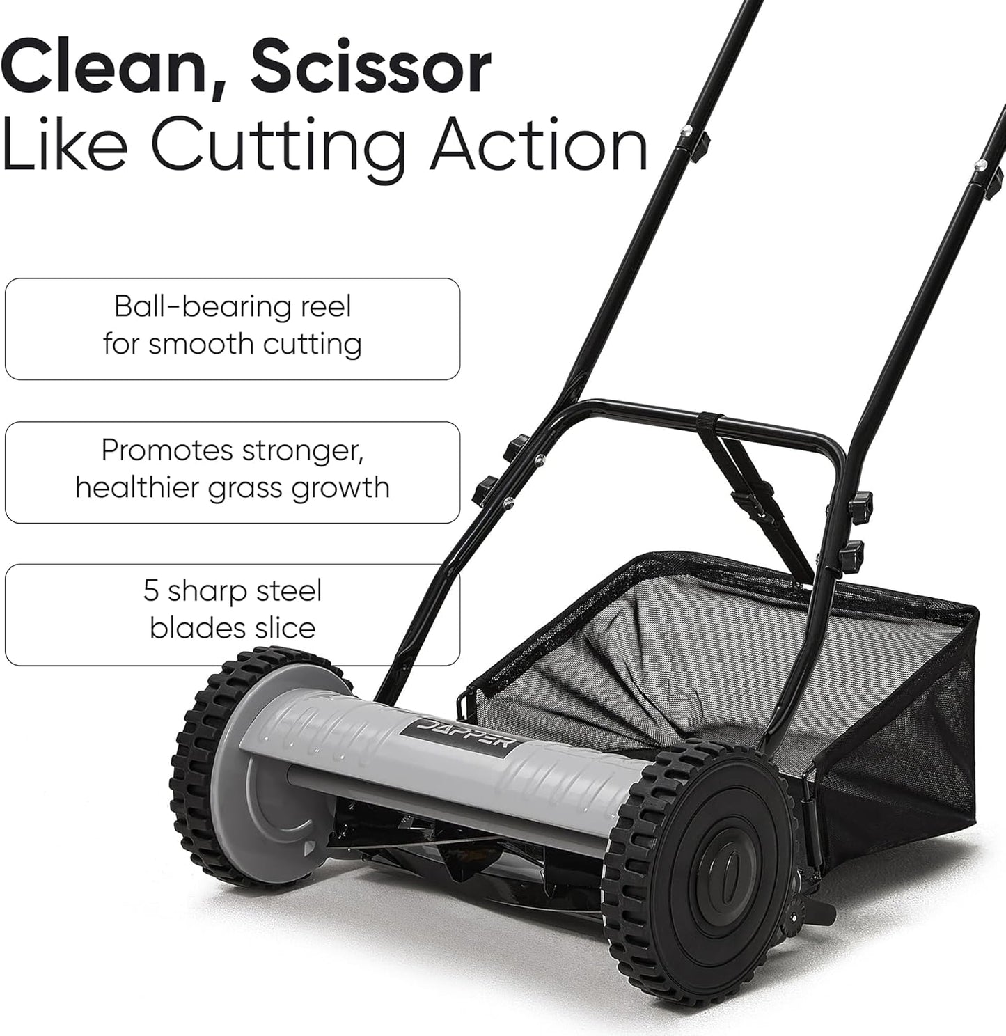 16" Push Reel Lawn Mower with Grass Catcher – Manual 5-Blade Hand Mower, Adjustable 3-Position Cutting Height (0.5"–1.75"), Lightweight & Eco-Friendly – 1-Year Warranty