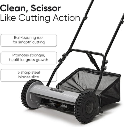 16" Push Reel Lawn Mower with Grass Catcher – Manual 5-Blade Hand Mower, Adjustable 3-Position Cutting Height (0.5"–1.75"), Lightweight & Eco-Friendly – 1-Year Warranty
