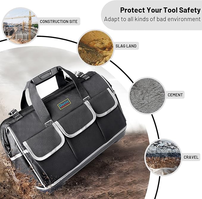 Tool Bag, Ounic 22 Inch Large Heavy Duty With Wide Mouth and Waterproof Strong Molded Base tool Organizer with Adjustable Shoulder Strap Specially Designed for Various Tools（Black)