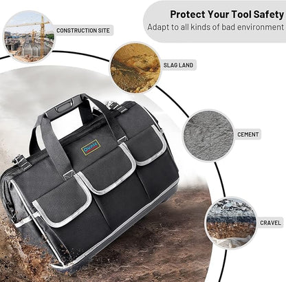 Tool Bag, Ounic 22 Inch Large Heavy Duty With Wide Mouth and Waterproof Strong Molded Base tool Organizer with Adjustable Shoulder Strap Specially Designed for Various Tools（Black)