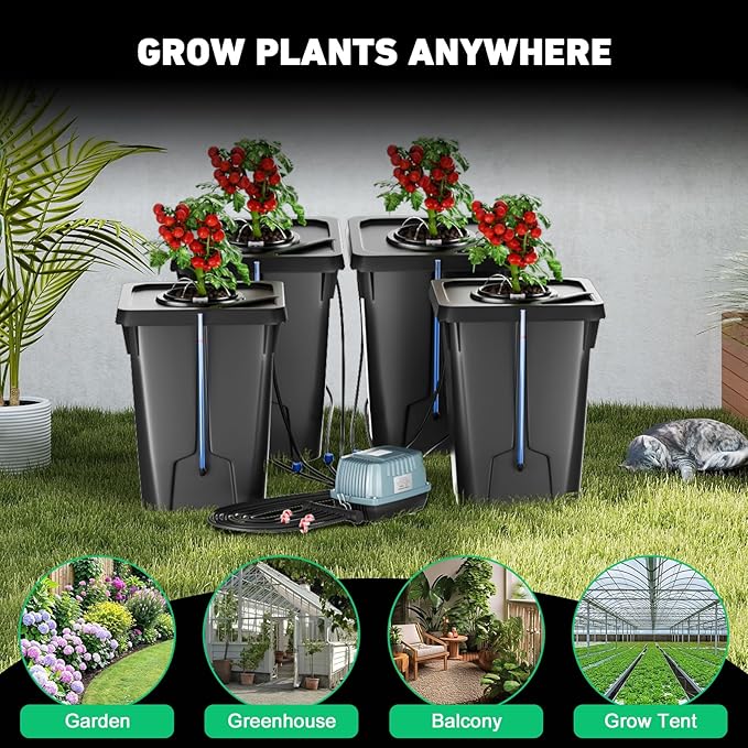 4 Buckets DWC Hydroponics Growing System with Top Drip Kit 7 Gallon Deep Water Culture Bucket System with Air Pump, Air Stone, Air Hose, Recirculating Drip Garden System