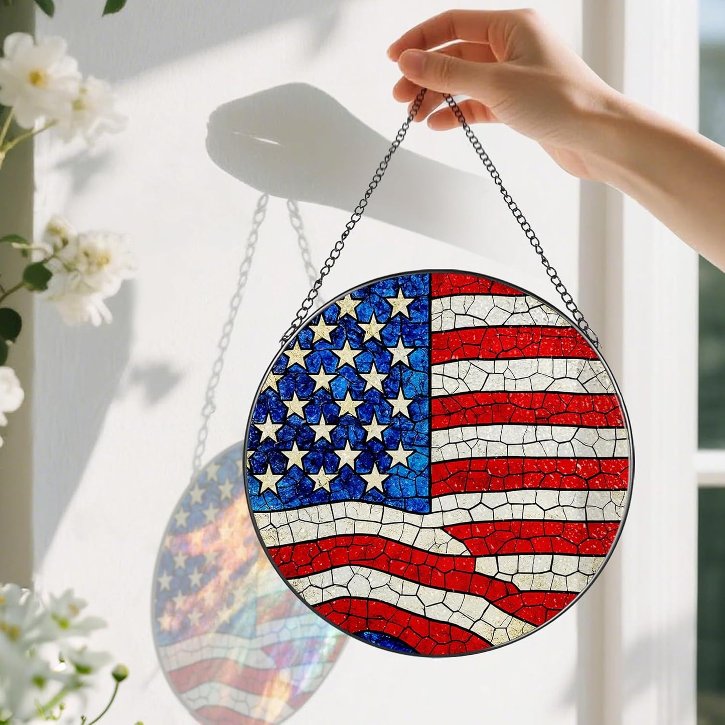 Stained Glass Window Hanging, Pauyadu 8 Inch American Flag Stained Glass Suncatcher, Patriotic Home Decor, Window Decor, USA Flag Gift Ideas, Patriotic Themed Gifts, Gifts for Women and Men