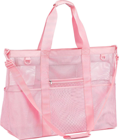 Mesh Beach Bag, Large Beach Tote with Zipper Pocket for Family Pool Bag for Toys & Vacation Essentials