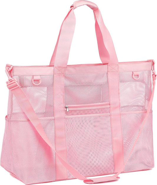 Mesh Beach Bag, Large Beach Tote with Zipper Pocket for Family Pool Bag for Toys & Vacation Essentials