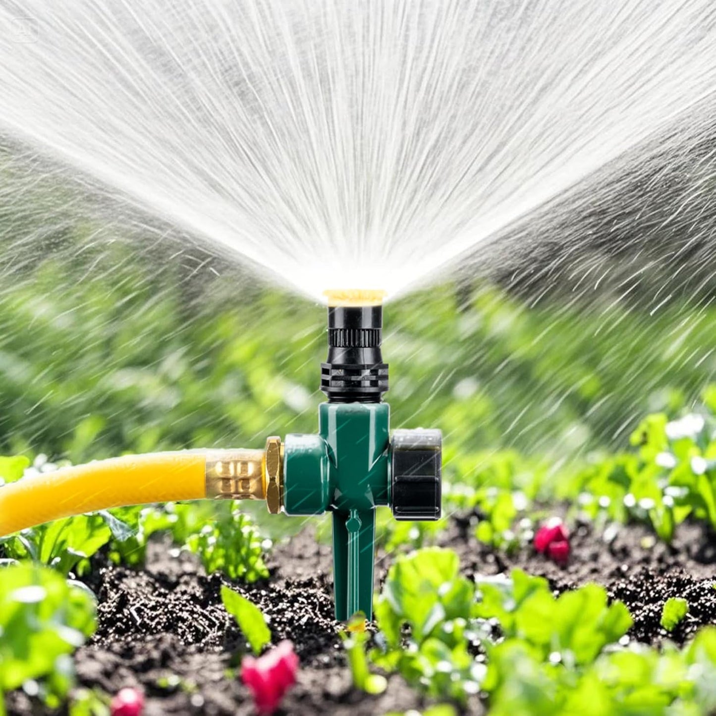 Ground Sprinkler Systemwith Metal Spike Base Irrigation Set for Garden Multi-Adjustable Lawn Sprinkler Set Ideal for Small Areas Plant and Flower Bed Watering, Two 15ft Yellow Hose Included