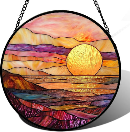 Stained Glass Window Hanging, Sparkling Sea Suncatcher Diamond Glass Panel Hangings Scenery Sun Catchers Decor for Birthday for Women, Men, Wife, Aunt, and Mom 9.8 in