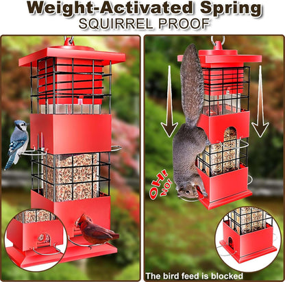Squirrel Proof Bird Feeder, 3LBS Hanging Bird Feeders for Outdoors, Metal Anti-Squirrel Birdfeeder for Blue Jay, Cardinal, Outside (Red)