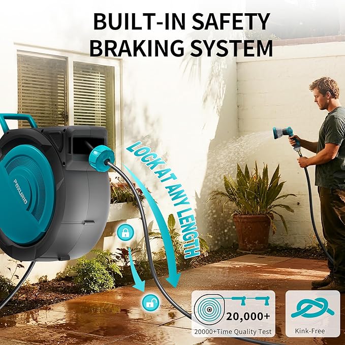5/8" 75FT Retractable Garden Hose Reel, Wall Mounted Automatic Hose Reel with Upgraded 10 Pattern Nozzle/Any Length Lock/Slow Return System/180°Swivel Bracket, AquaBlue