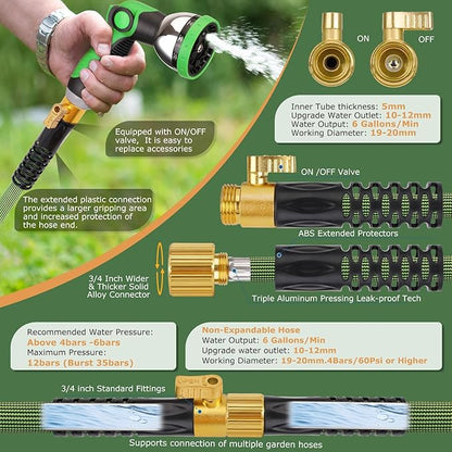 Non-Expandable Garden Hose 50 ft, Ultra Lightweight Flexible Water Hose with 10-Pattern Nozzle, Leak-Proof, High-Density Fabric, Thickened Connector, Shut-Off Valve for Yard, Lawn, Outdoor