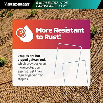 Sandbaggy 6" Wide Landscape Staples - Extra Heavy Duty: 7 Gauge Galvanized Steel - Hold Down Pipes, Landscape Fabric, Ground Cover, Erosion Control Netting, Sod, & Turf (150, 6" W x 8" L)