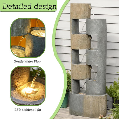 51 Inch Outdoor Water Fountain with LED Lights Tiered Waterfall Fountain Garden Water Feature Durable Resin Fiberglass with Pump Stones Weatherproof Indoor Outdoor Patio Decor