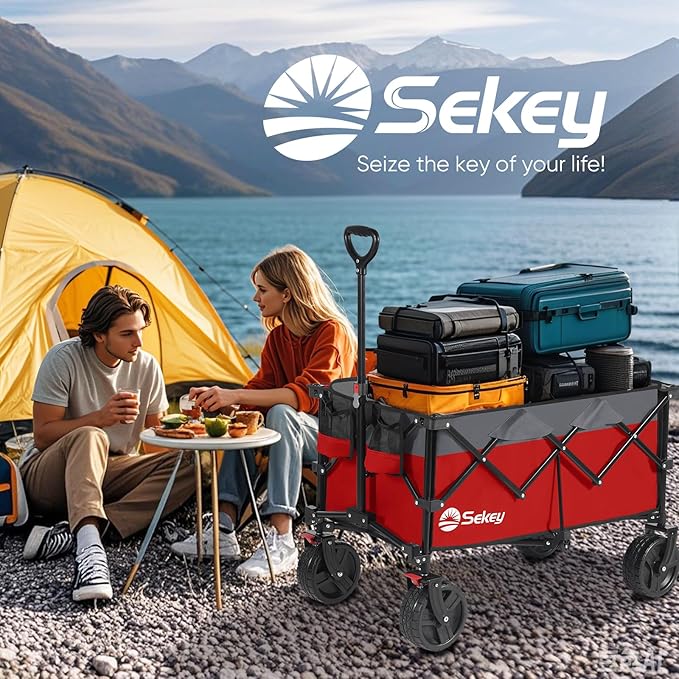 Sekey 220L Collapsible Foldable Wagon with 330lbs Weight Capacity, Heavy Duty Folding Utility Garden Cart with Big All-Terrain Beach Wheels & Drink Holders.Red&Grey