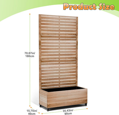 Metal Raised Garden Bed with Trellis, 2-in-1 Planter Box & Privacy Screen for Climbing Plants, Outdoor Standing Flower Bed with Drainage Holes, 35.4" L x 15.7" W x 70.1" H, Cut Oak Grain